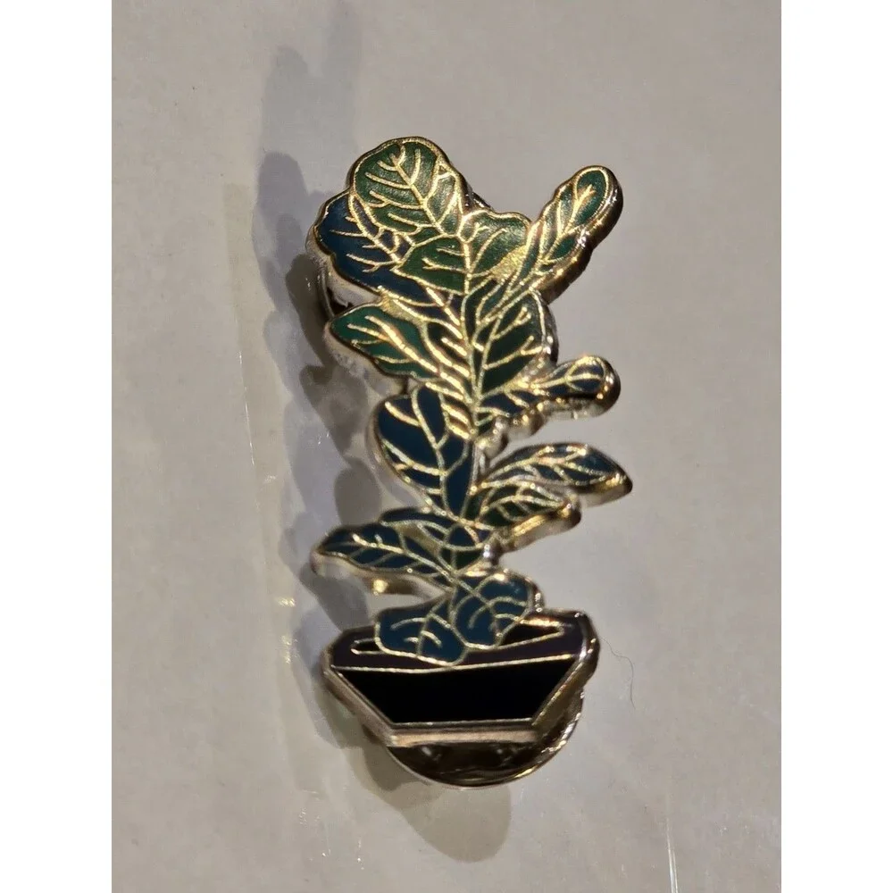 Fiddle Leaf Fig Enamel Lapel Pin Potted Houseplant Plant Lover Gold Tone #1366